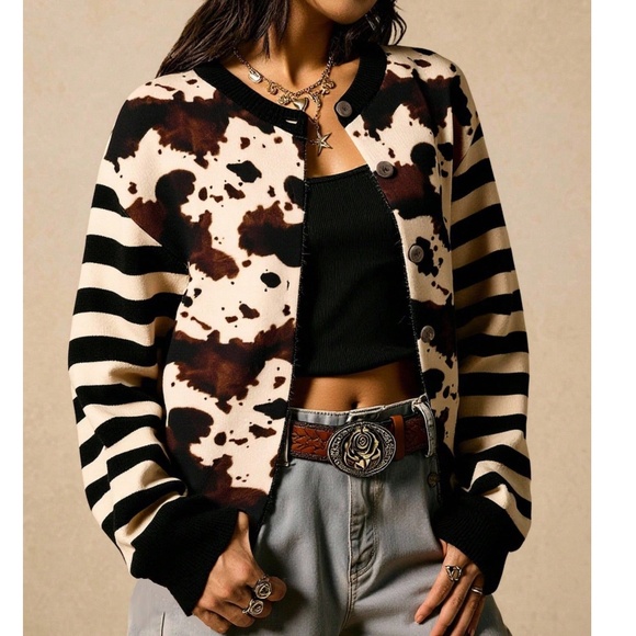 Cozy Cow Print Striped Button Down Cardigan - Picture 3 of 5